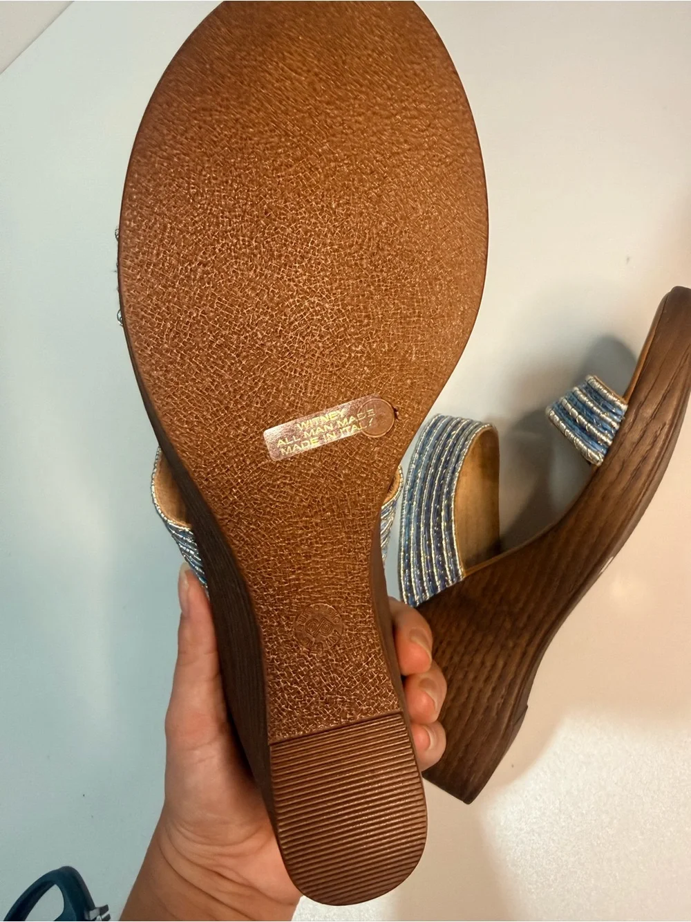 Italina Blue Striped Fabric Wedge Sandals